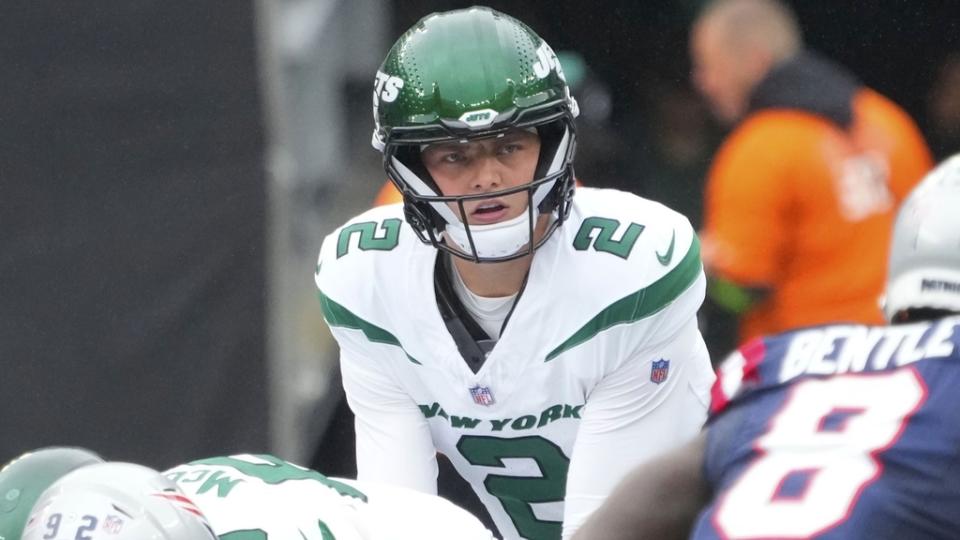 Sep 24, 2023; East Rutherford, New Jersey, USA; New York Jets quarterback Zach Wilson (2) calls signals against the Patriots at MetLife Stadium.