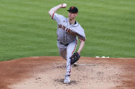 San Francisco Giants' Anthony DeSclafani throws during the first inning of the team's baseball game against the Cincinnati Reds in Cincinnati, Tuesday, May 18, 2021. (AP Photo/Aaron Doster)