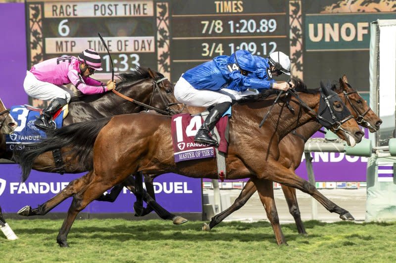 Master of the Seas (14) is shown seen winning the Breeders' Cup Mile, is back in the States to contest the Grade I Maker's Mark Mile Saturday at Keeneland. Benoit Photography, courtesy of Santa Anita)