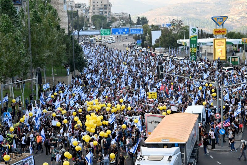 Tens of thousands of marchers join the families of hostages held by Hamas in Gaza as they enter Jerusalem Saturday. Photo by Debbie Hill/UPI