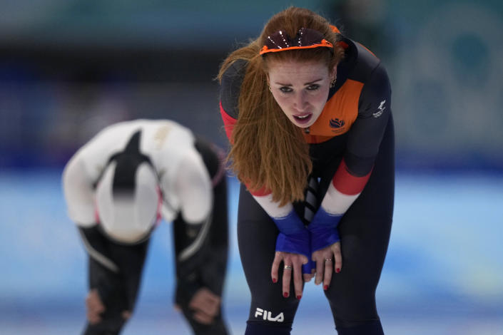 Antoinette de Jong of the Netherlands reacts after winning her heat against Ayano Sato of Japan during the women's speedskating 3,000-meter race at the 2022 Winter Olympics, Saturday, Feb. 5, 2022, in Beijing. (AP Photo/Sue Ogrocki)