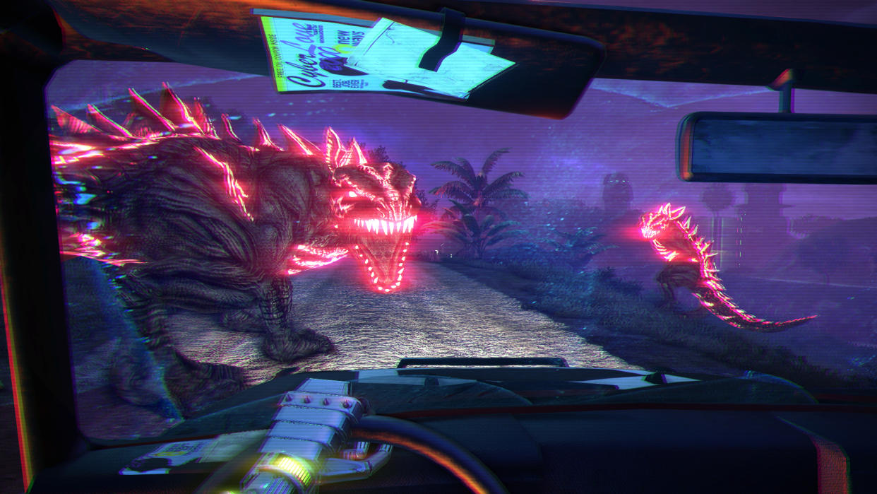  A screenshot of Far Cry 3: Blood Dragon showing a Blood Dragon and a car. 