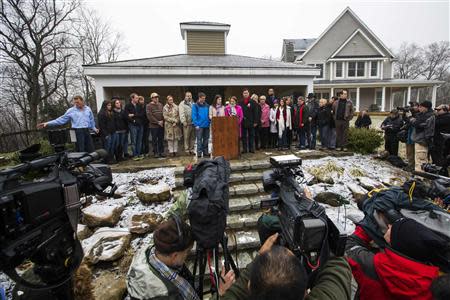 Relatives of the victims killed in the Sandy Hook Elementary School tragedy in Newtown, Connecticut give a statement regarding the formation of the website mysandyhookfamily.org just before the one year anniversary of the disaster in Sandy Hook, Connecticut December 9, 2013. REUTERS/Lucas Jackson