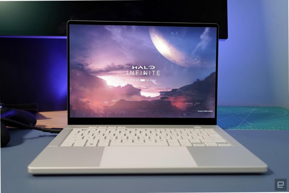 <p>ASUS ROG Zephyrus G14 front view showing the Halo Infinite start screen.</p>
