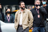 <p>Adam Sandler keeps it neutral on Sept. 20 on the set of his Netflix film <em>Hustle</em> in Philadelphia.</p>