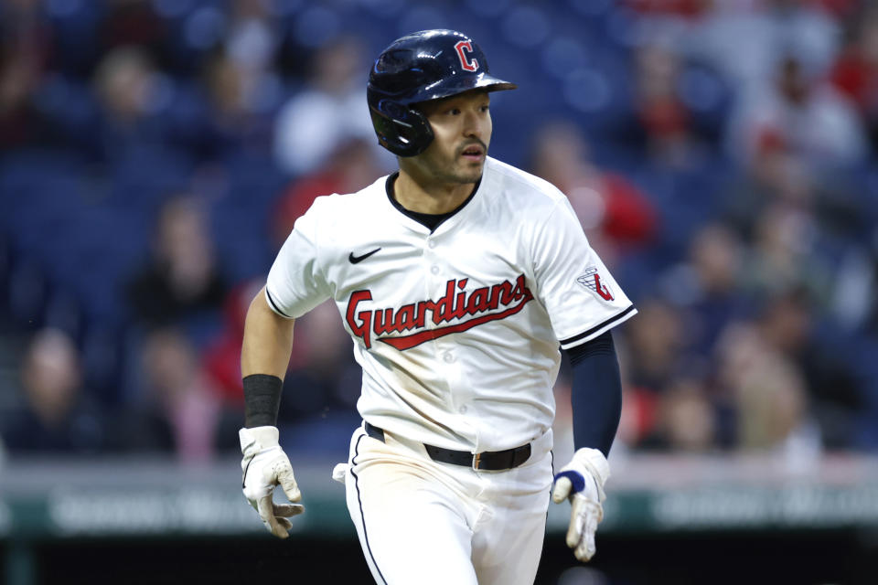 Cleveland Guardians' Steven Kwan rounds the bases after hitting a solo home run off Chicago White Sox pitcher Erick Fedde during the fifth inning of a baseball game, Wednesday, April 10, 2024, in Cleveland. (AP Photo/Ron Schwane)