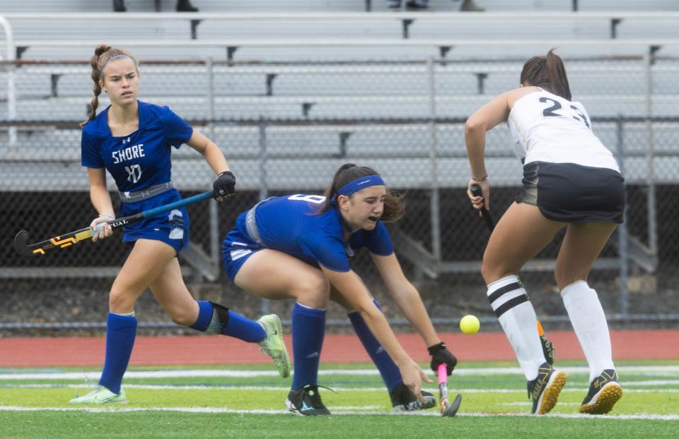 Shore's Marin Stefanelli (left) is shown defending against Point Pleasant Boro in the Shore Conference Tournament match.