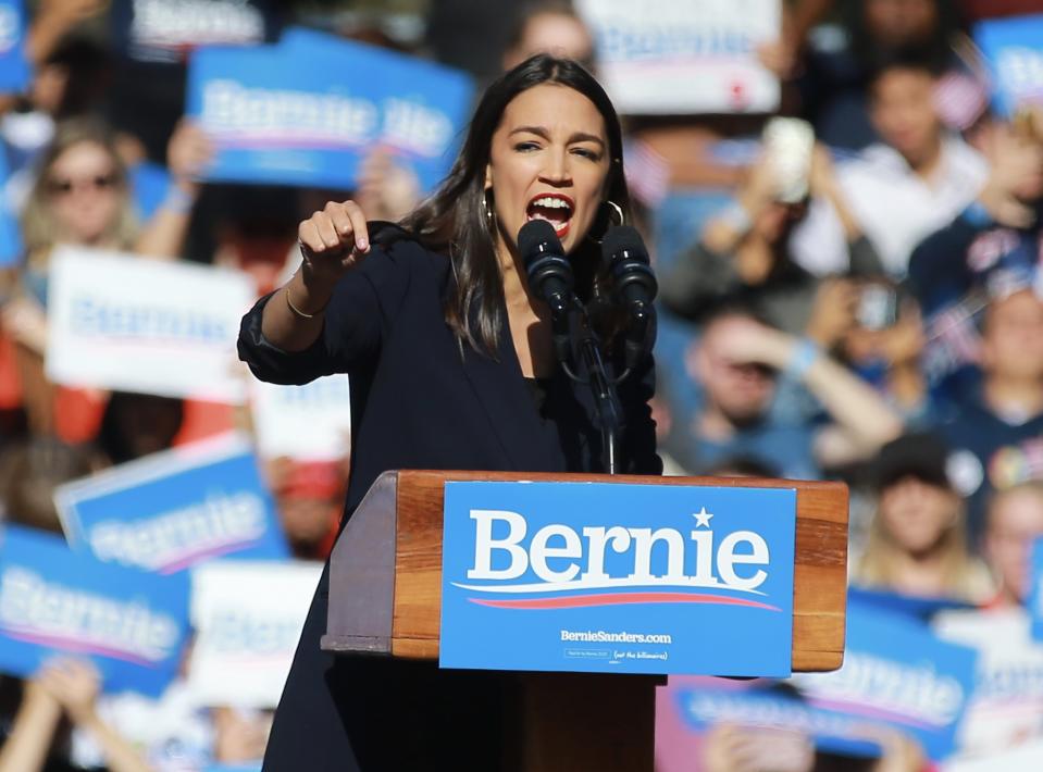 Rep. Alexandria Ocasio-Cortez speaks at a rally for Sen. Bernie Sanders in Queens, N.Y. (Photo: Gordon Donovan/Yahoo News)