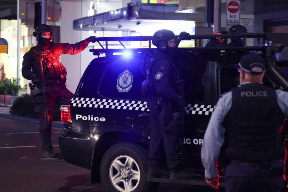 Police patrol in front of the Westfield shopping mall after the stabbing attack (AFP via Getty Images)