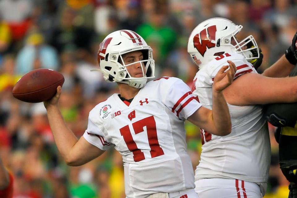 FILE - In this Jan. 1, 2020, file photo, Wisconsin quarterback Jack Coan passes against Oregon during first half of the Rose Bowl NCAA college football game in Pasadena, Calif. Coan has entered the transfer portal after an injury-riddled season in which he did not play. (AP Photo/Mark J. Terrill, File)