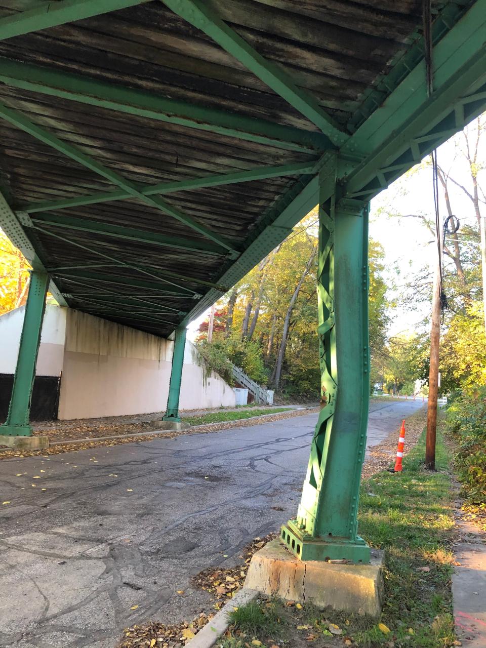 This shows damage to an iron support of the East Bank Trail over Leeper Avenue in South Bend, caused by an accident on Oct. 1.