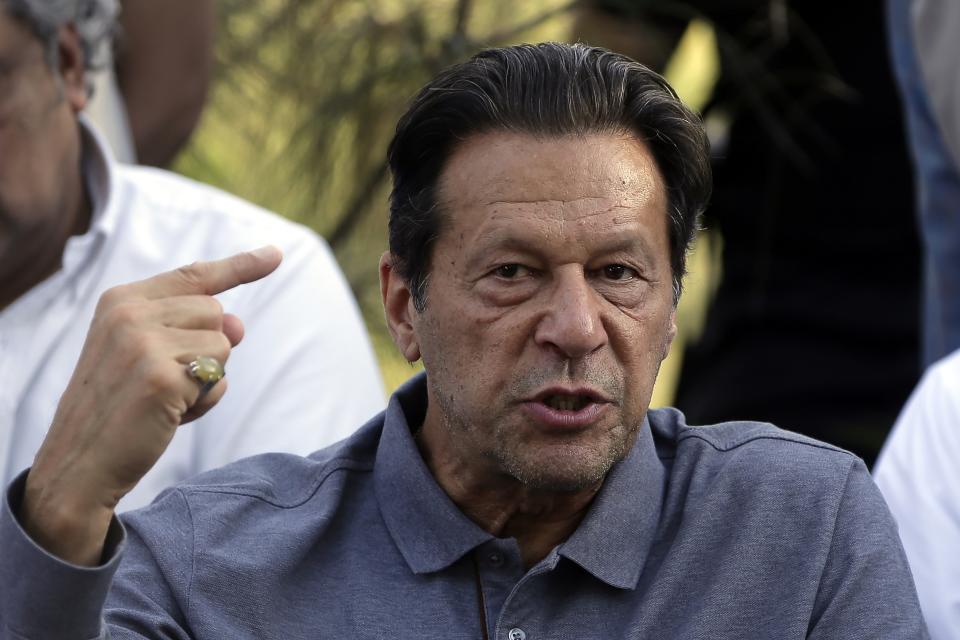 FILE - Former Pakistan's Prime Minister Imran Khan speaks during a news conference in Islamabad on April 23, 2022. Pakistan's elections commission on Friday, Oct. 21, 2022 disqualified former Prime Minister Imran Khan on charges of concealing assets, a move likely to deepen lingering political turmoil in the impoverished country. (AP Photo/Rahmat Gul, File)