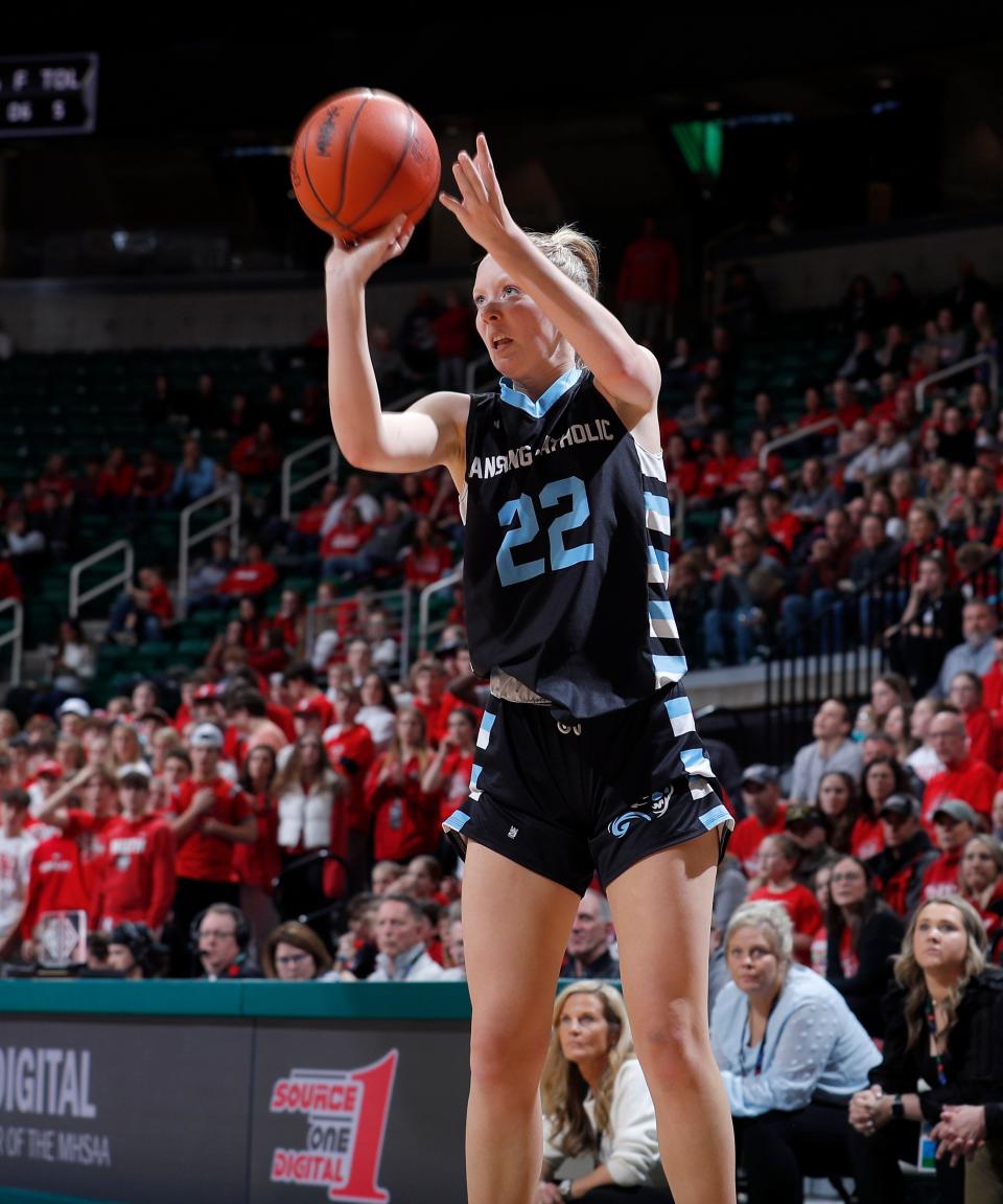 Lansing Catholic's Leah Richards hits a 3-pointer against Frankenmuth, Saturday, March 18, 2023, in East Lansing.