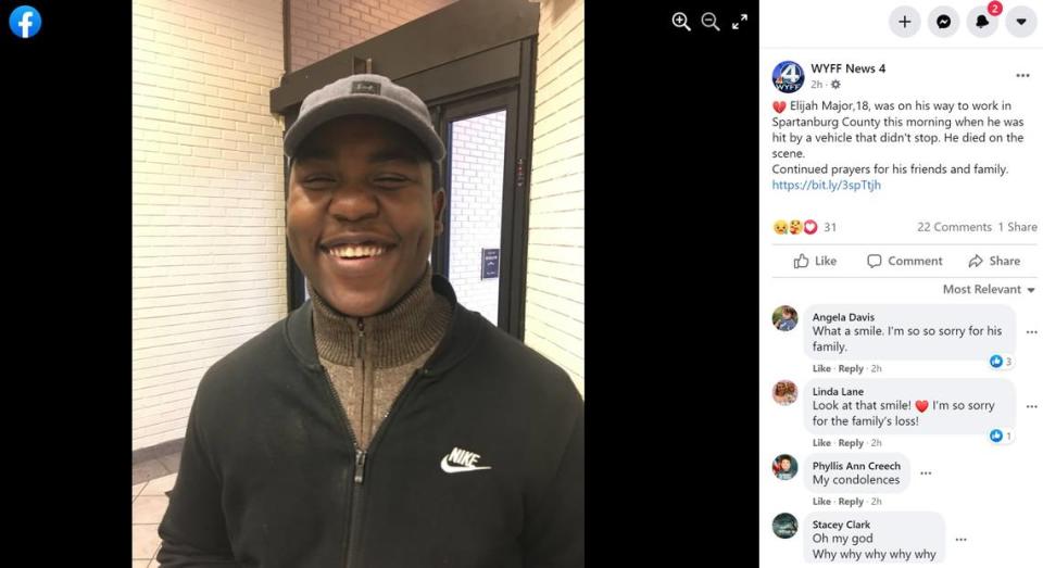 Elijah Major, 18, was killed in a hit-and-run early Friday while walking to work in Spartanburg, South Carolina.