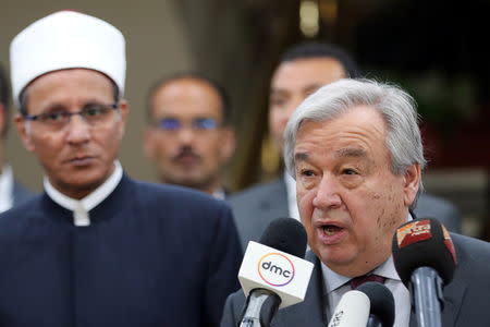 Secretary General of the United Nations Antonio Guterres speaks during a news conference at Al-Azhar headquarters in Cairo, Egypt, April 2, 2019. REUTERS/Mohamed Abd El Ghany