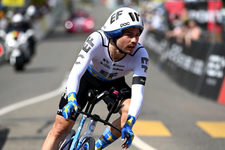 ABTWILL SWITZERLAND  JUNE 18 Stefan Bissegger of Switzerland and Team EF EducationEasyPost crosses the finish line during the 86th Tour de Suisse 2023 Stage 8 a 257km individual time trial from St Gallen to Abtwil  UCIWT  on June 18 2023 in Abtwil Switzerland Photo by Tim de WaeleGetty Images