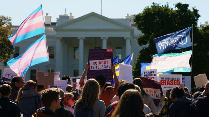 Mandatory Credit: Photo by Carolyn Kaster/AP/Shutterstock (9940541a)The National Center for Transgender Equality, NCTE, and the Human Rights Campaign gather on Pennsylvania Avenue in front of the White House in Washington, for a #WontBeErased rallyTransgender Rights, Washington, USA - 22 Oct 2018.