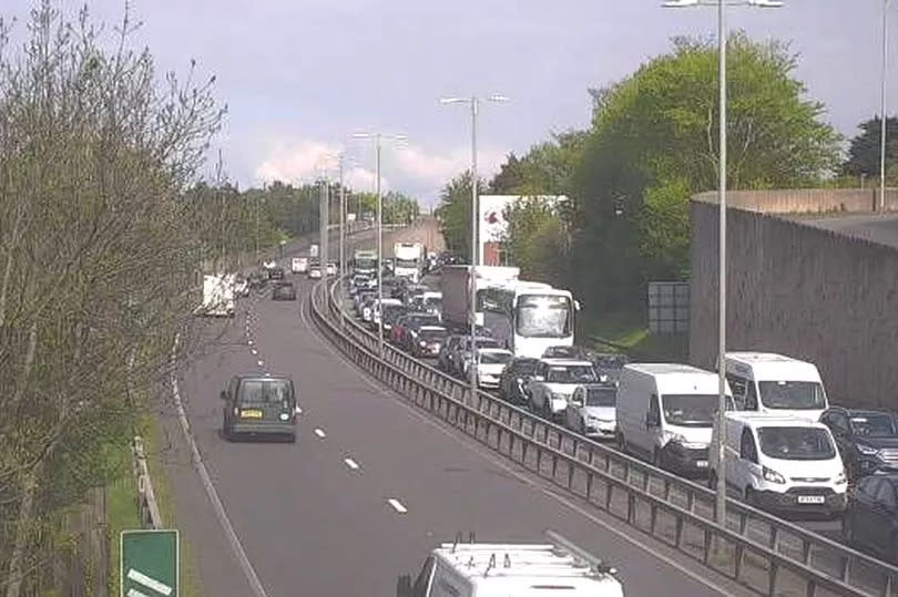 Westbound A55 queues into Colwyn Bay