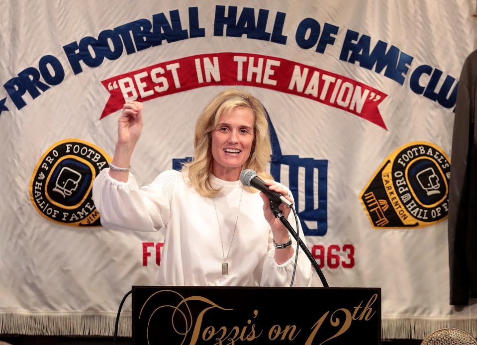Heather Lyke, Athletic Director of Pitt University speaks at the Pro Football Hall of Fame Luncheon Club at Tozzi's on 12th Monday , February 28, 2022.