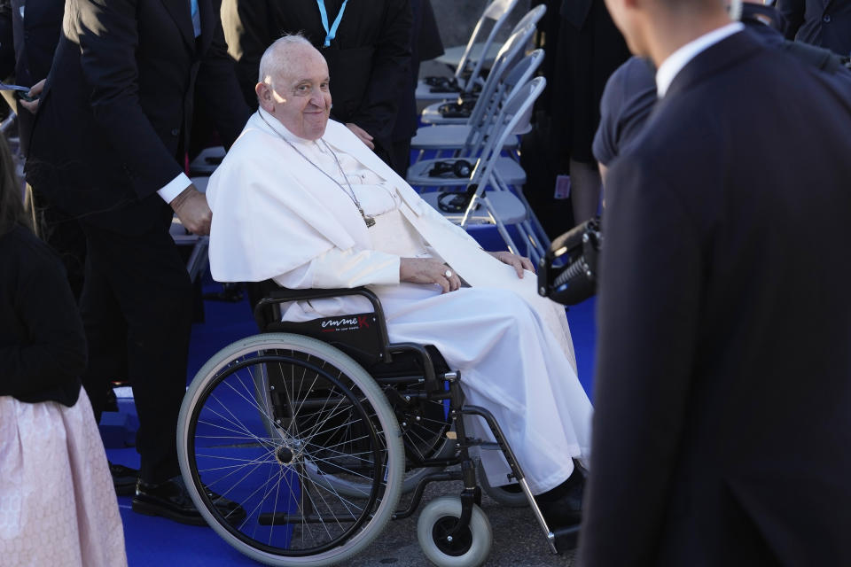 Pope Francis leaves after a moment of reflection with religious leaders next to the Notre Dame de la Garde Basilica in Marseille, France, Friday, Sept. 22, 2023. Francis, during a two-day visit, will join Catholic bishops from the Mediterranean region on discussions that will largely focus on migration. (AP Photo/Pavel Golovkin)