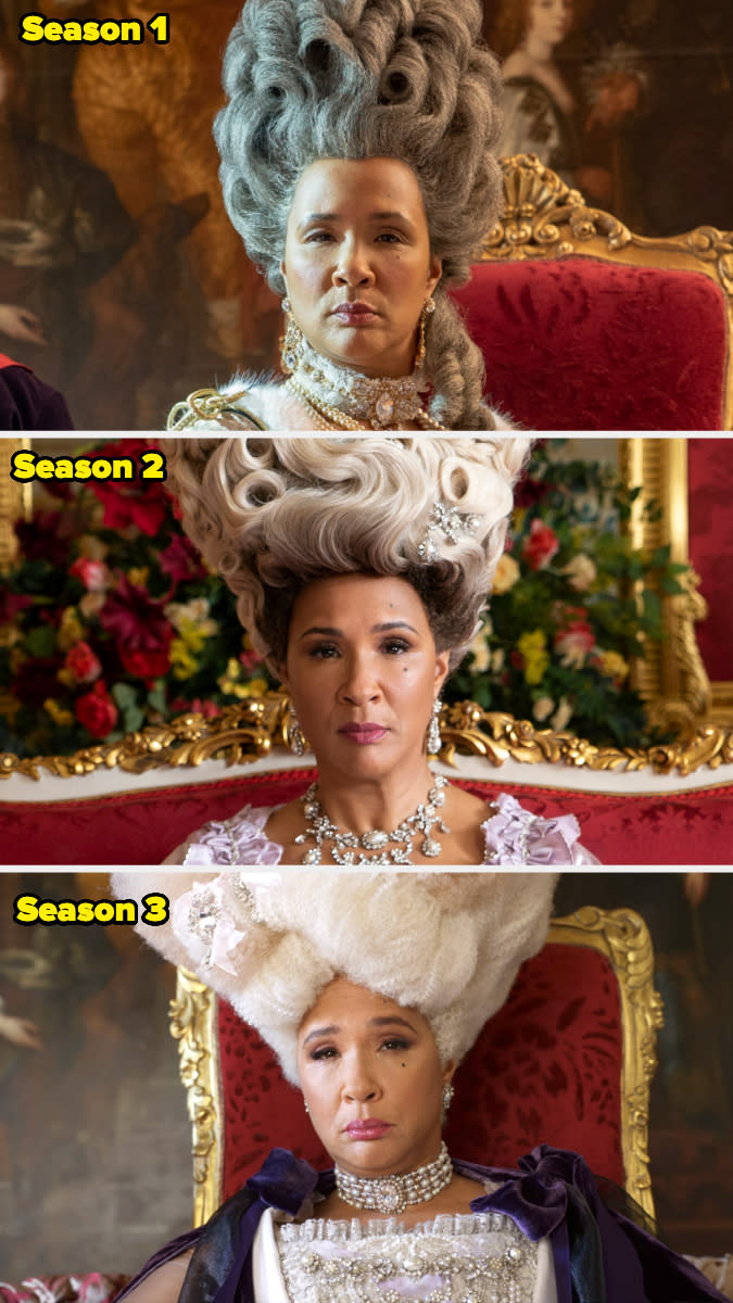 Three side-by-side images show Golda Rosheuvel as Queen Charlotte in different elaborate wigs from Season 1, Season 2, and Season 3 of a TV series