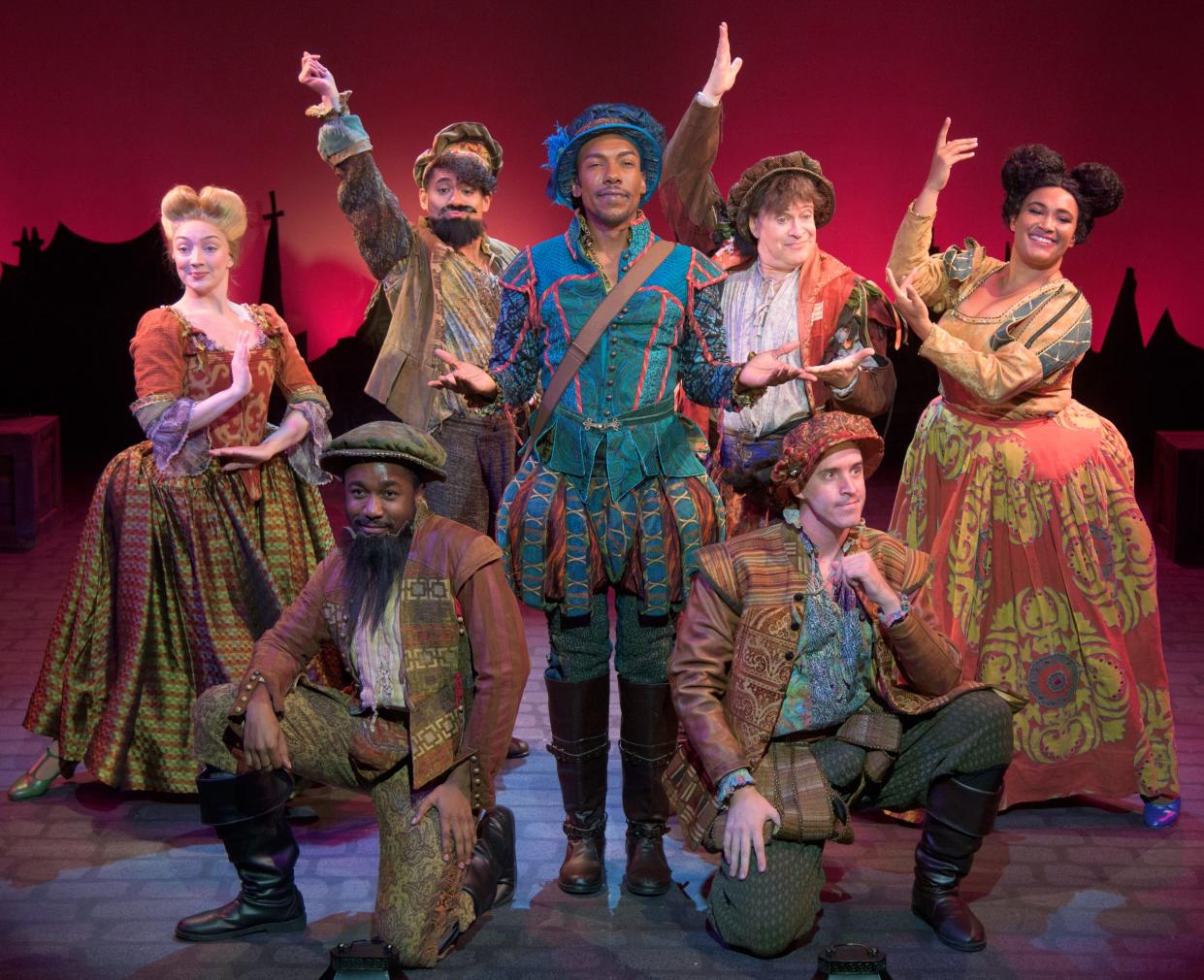 From left, Lauren Teyke, Jahir L Hipps, Jordan De Leon, Travis Keith Battle, Kraig Swartz, BillyD Hart, and Olivia London welcome audiences to the Renaissance in “Something Rotten” at Florida Studio Theatre.