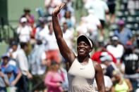 Mar 26, 2018; Key Biscayne, FL, USA; Sloane Stephens of the United States waves to the crowd after her match against Garbine Muguruza of Spain (not pictured) on day seven of the Miami Open at Tennis Center at Crandon Park. Stephens won 6-3, 6-4. Mandatory Credit: Geoff Burke-USA TODAY Sports