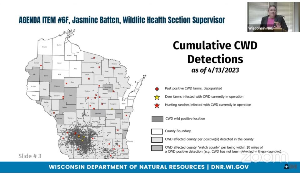 A graphic shows detections of chronic wasting disease in wild and captive deer in Wisconsin. The data spans late 2001 to early 2023.