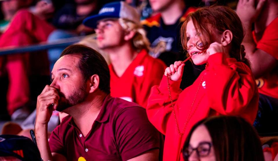 Florida Panthers fans react during the second period as they watch their team play against the Edmonton Oilers in Game 4 of the NHL Stanley Cup Finals at the Amerant Bank Arena on Saturday, June 15, 2024, in Sunrise, Fla.