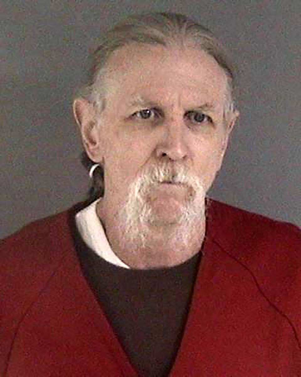 This undated booking photo provided by the Hayward Police Department, in California, shows David Misch. On Monday, Dec. 21, 2020, Northern California authorities announced that they have filed charges against convicted killer David Misch in the kidnapping and murder of Michaela Joy Garecht, a cold case that stunned the Bay Area for decades. Police said they were only recently able to match a partial palm print at the scene to Misch. Garecht's body has never been found. (Hayward Police Department via AP)