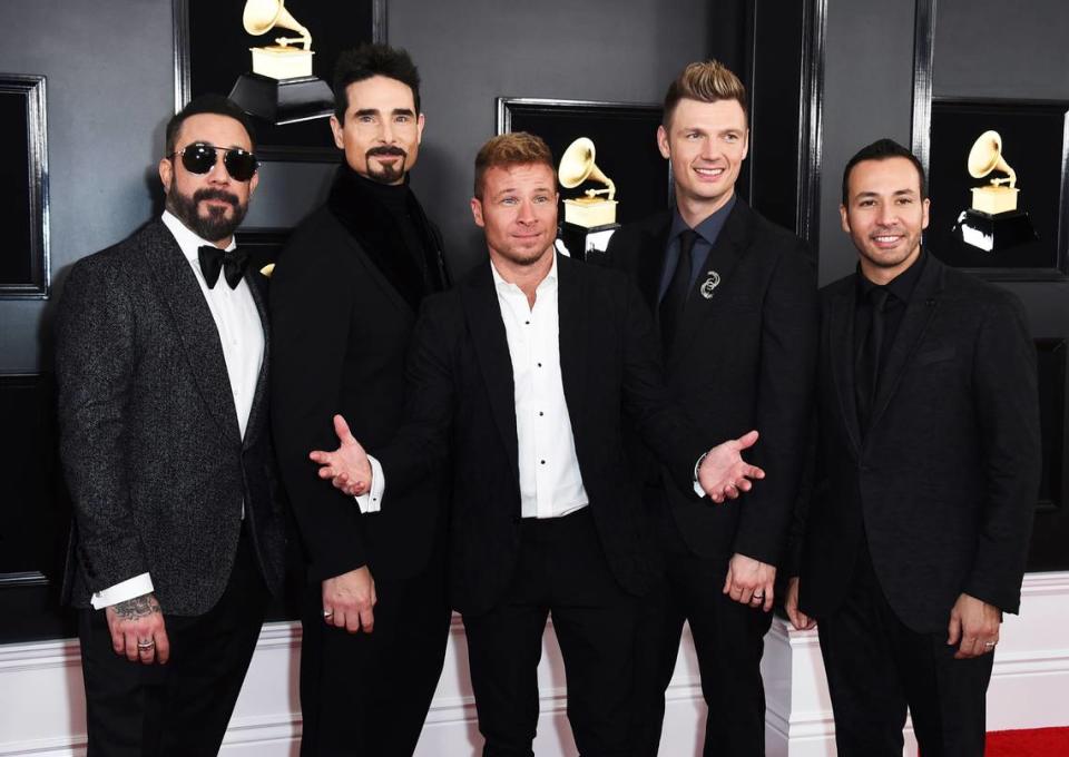 AJ McLean, from left, Kevin Richardson, Brian Littrell, Nick Carter, and Howie Dorough of The Backstreet Boys appear at the 61st annual Grammy Awards in Los Angeles on Feb. 10, 2019. The pioneering boy band was nominated for their song, “Don’t Go Breaking My Heart.”