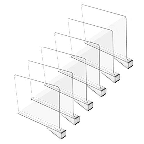 Hmdivor Clear Acrylic Shelf Dividers, Closets Shelf and Closet Separator for Organization in Bedroom, Kitchen and Office Shelves (6 Pack) (AMAZON)