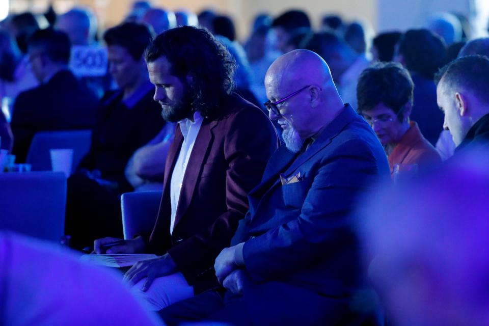 People pray Wednesday, April 19, 2023, during the 39th annual CBMC Metro Prayer Breakfast in Oklahoma City.