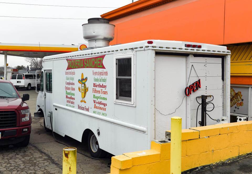Taqueria Sanchez food truck stands on the corner of 10th Street and Cliff Avenue on Friday, April 22, 2022, in Sioux Falls.