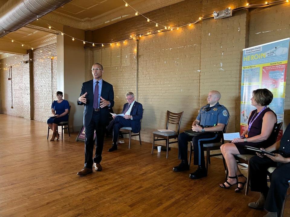 Rep. Anthony Brown speaks on the opioid issue at an event in Washington County in Hagerstown, Maryland on Sept. 13, 2022.