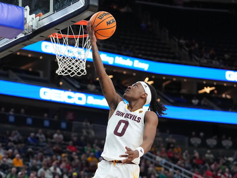 Arizona State Sun Devils guard DJ Horne (0) shoots against the Oregon State Beavers during the first half at T-Mobile Arena in Las Vegas on March 8, 2023.