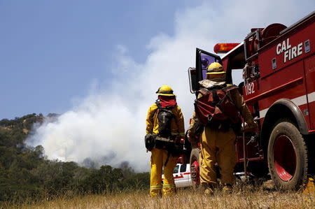 Firefighters look on as smoke from the Wagg Fire rises near Lake Berryessa, California July 24, 2015. REUTERS/Robert Galbraith