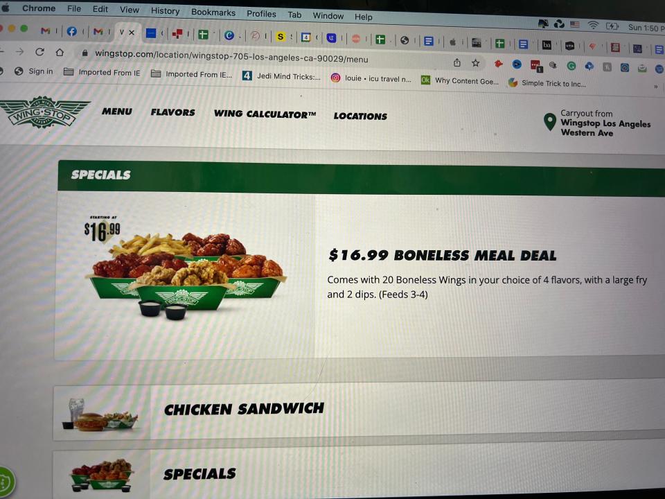 Wingstop's website with a $16.99 boneless meal deal pulled up