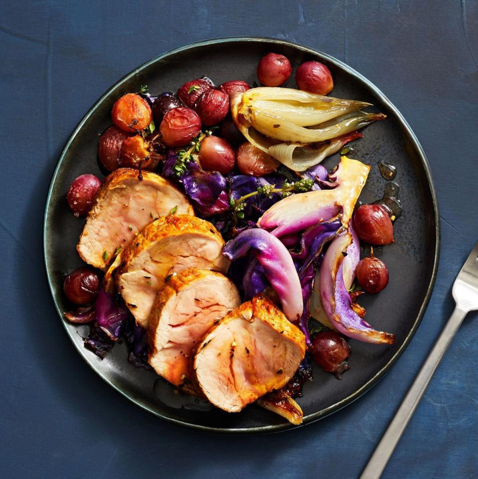 Pork Tenderloin with Roasted Red Grapes and Cabbage