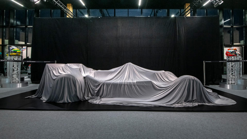 Mario Andretti's 1978 John Player Special Lotus-Cosworth Type 79 race car under wraps prior to a presentation by Bonhams on January 31, 2023. 