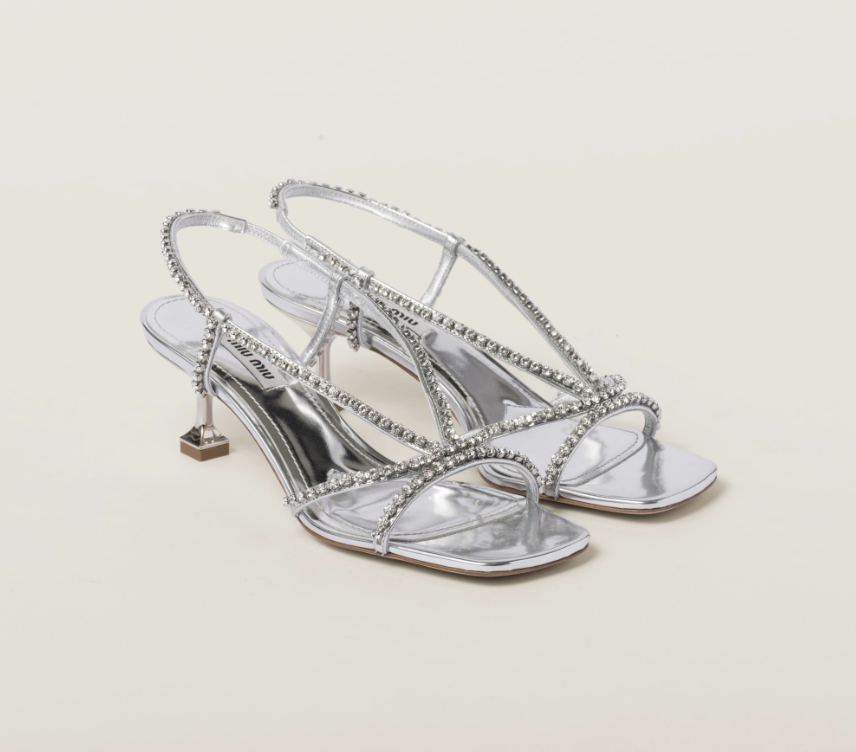 A product shot of the Miu Miu Metallic leather sandals