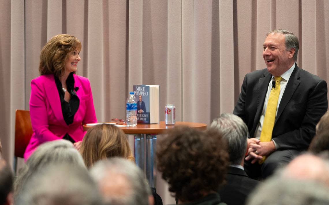 Elizabeth King, president and CEO of the Wichita State University Foundation, led a conversation with former Secretary of State Mike Pompeo at an event at WSU. Pompeo was back in Wichita for an event promoting his new book, a memoir called “Never Give An Inch.”