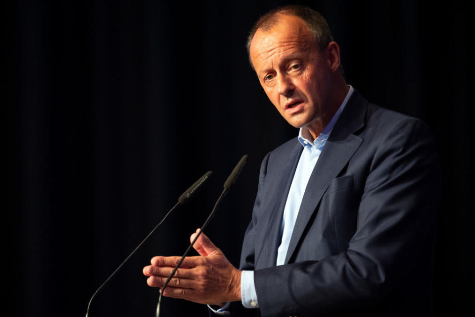 03 October 2020, North Rhine-Westphalia, Cologne: Friedrich Merz, candidate for the CDU presidency speaks at the NRW Day of the Junge Union. Photo: Federico Gambarini/dpa (Photo by Federico Gambarini/picture alliance via Getty Images)