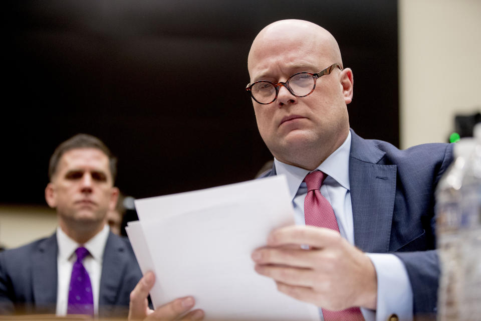 Acting Attorney General Matthew Whitaker appears before the House Judiciary Committee on Capitol Hill, Friday, Feb. 8, 2019, in Washington. (AP Photo/Andrew Harnik)