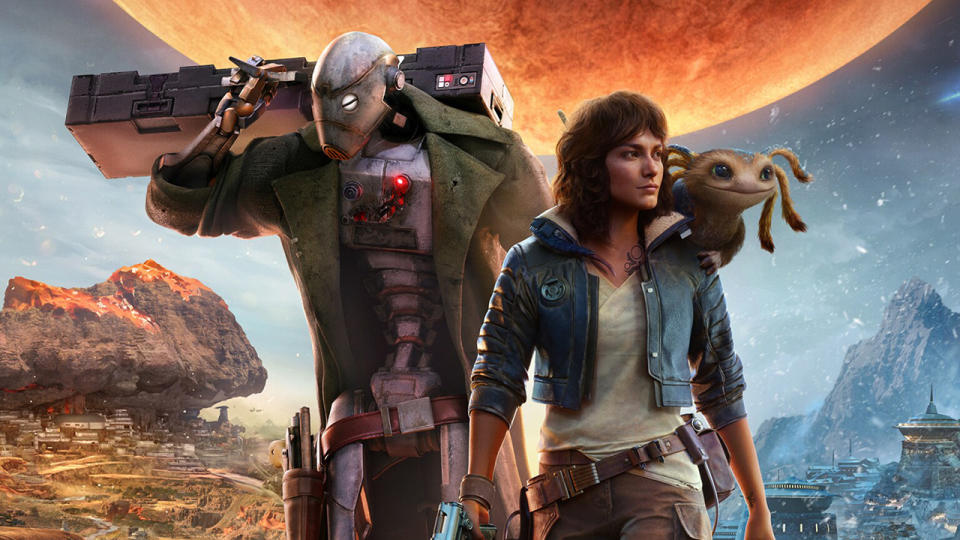 Still from the video game Star Wars Outlaws. Here we see the main character Kay Ves (shoulder length,. Shaggy brown hair, she is wearing a blue cropped jacket, white shirt, brown trousers and brown belt) with her little companion Nix perched on her shoulder (Nix is a small creature the size of a cat, with 2 eyes, 4 head tails, and sleek fur). Standing next to her is the reprogrammed commando droid ND-5. He is a tall, humanoid (skeletal even) looking droid wearing an olive-green trench coat with a brown belt and gun on his hip. He's also holding a big rectangular case over his shoulder. To their left is a desert city. To the right is a frozen, icy city.