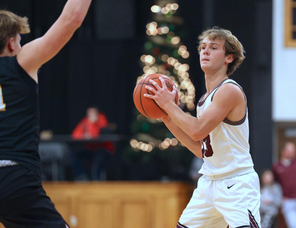 Holland Christian's Henry Langejans looks to pass against Hamilton on Friday, Jan. 19, 2024, at Holland Civic Center.