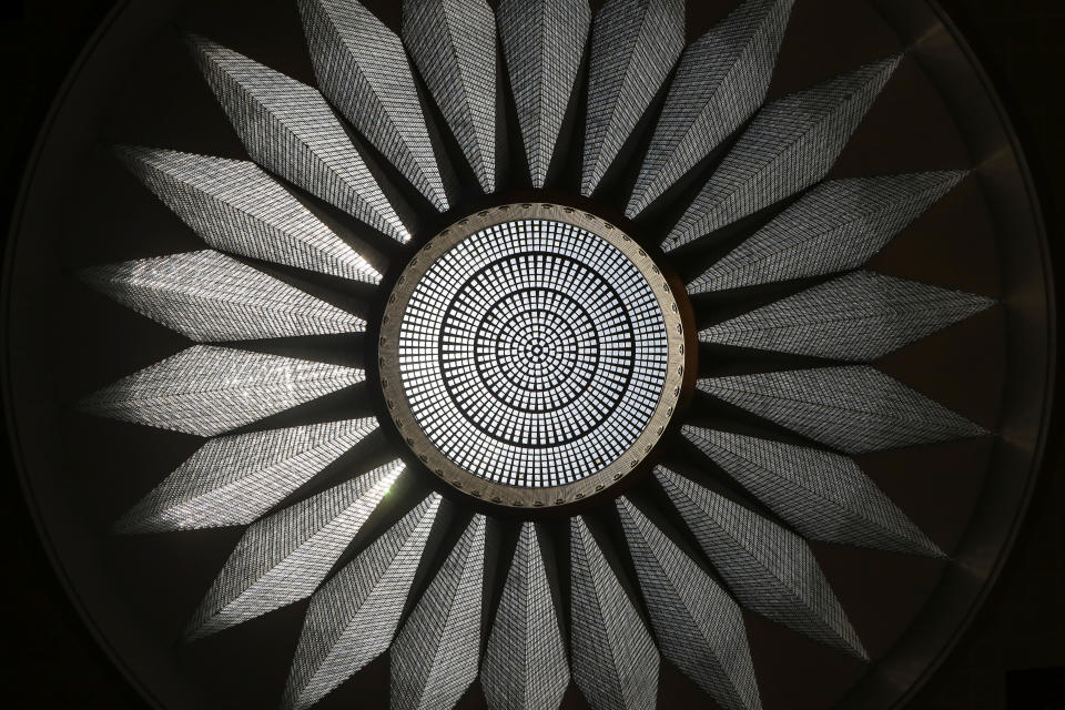 A crystal chandelier hangs beneath a nineteen meter dome weighing more than nine tonnes in Yugoslavia saloon inside the The Palata Srbija building, Belgrade, Serbia. The Palata Srbija building hosted former world leaders. "It is a shame to keep such a master piece away from the eyes of the public," said Sandra Tesla, curator of the building. (Photo: Marko Djurica/Reuters)