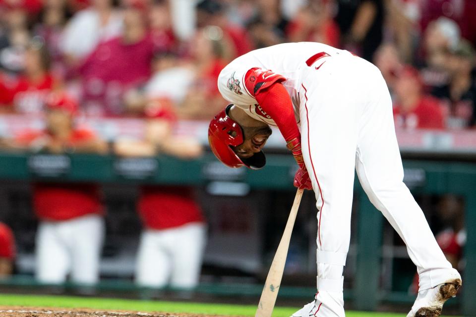 Cincinnati Reds third baseman Eugenio Suarez (7) reacts to popping out for the last out of the eighth inning of the MLB baseball game between Cincinnati Reds and Milwaukee Brewers on Saturday, July 17, 2021, at Great American Ball Park.  