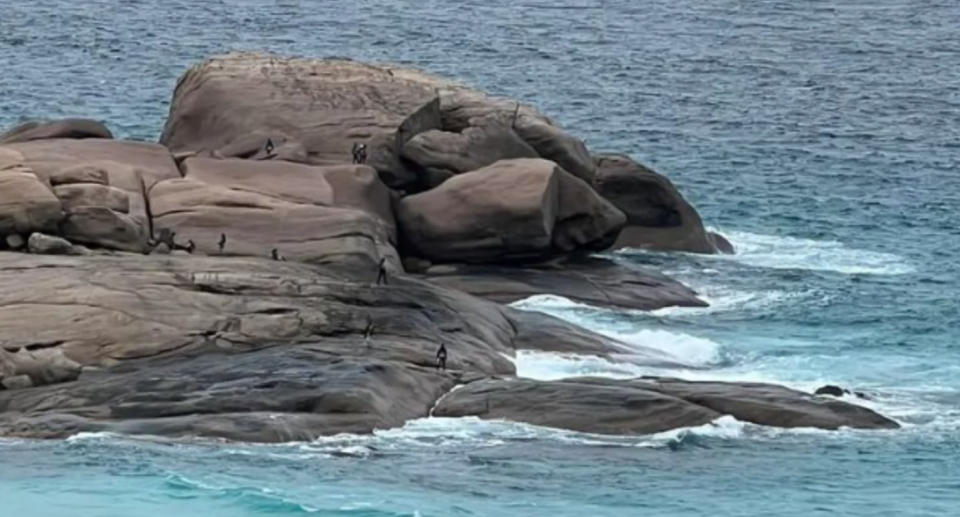 An aerial view of the rock at Chapman&#39;s Point Esperance can be seen with people dotted around on the black rock patches.