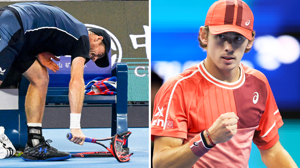 Alex de Minaur (pictured right) saved three match points to defeat Andy Murray (pictured left) at the China Open, which marks his fifth victory over the Scot in a row. (Getty Images)